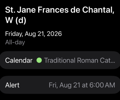 Calendar event details showing an Alert at 6:00 AM