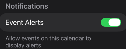 iPhone subscribed calendar settings with Event Alerts turned on
